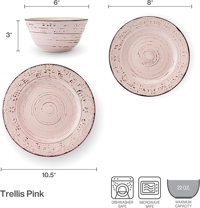 Pfaltzgraff Trellis Pink 12 Piece Dinnerware Plate Bowl Set, Service for 4