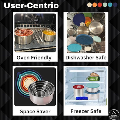 12 Pcs - 6 Stainless Steel Containers + 6 Silicone Lids | 304 Stainless Steel Snack Container | Nesting Snack and Dip Containers | Metal Food Storage