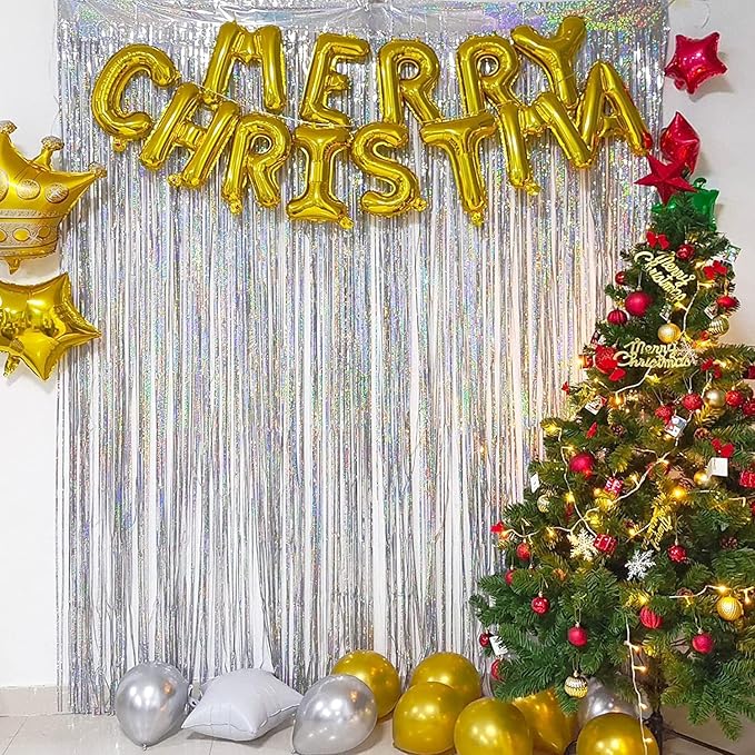 BRAVESHINE Silver Streamers Party Backdrop Decorations - 2Pcs 3.2x8.2ft Tinsel Foil Fringe Curtain Backdrop for Christmas/New Years/Birthdays/Bachelorette/Anniversary/Engagement/Dancing Ball Decor