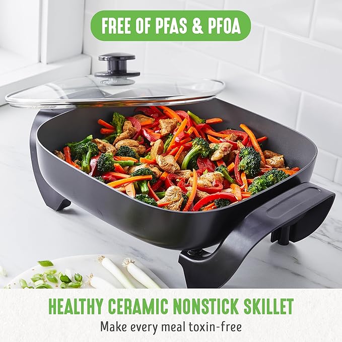 GreenLife 12" 5QT Square Electric Skillet, Glass Vented Lid, Ceramic PFAS-Free