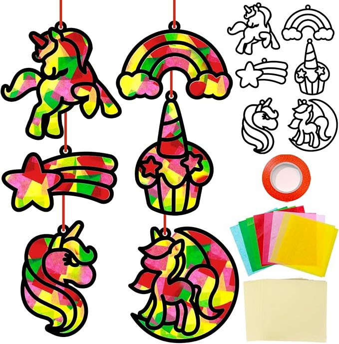 Qyeahkj 36 Set Unicorn Suncatchers Crafts for Kids DIY Unicorn Tissue Paper Crafts Window Stained Glass Effect Rainbow Hanging Decor School Home Creative Activity Art Project Birthday Party Favor Gift