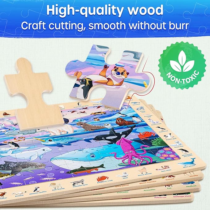 SYNARRY Wooden Puzzles for Kids Ages 4-6, 4 x 60 Piece Match & Find Puzzles for Kids Ages 3-5 Boys Girls, Educational Toys Gifts for 4-8 yo for Learning Jungle Savannah Polar Animals & City Life