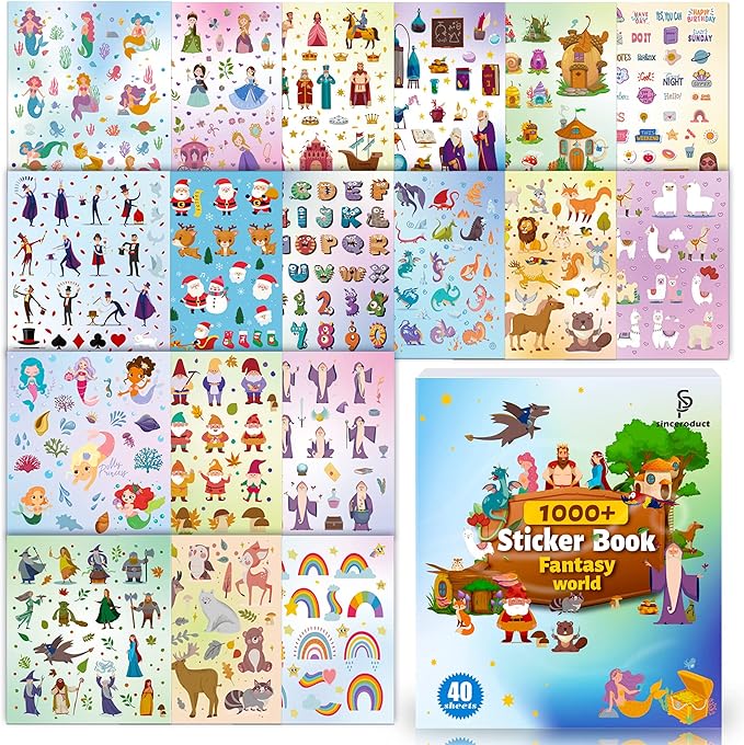 Sinceroduct Sticker Book with 1000+ Magic Fairy Cartoon Patterns, 20 Themes of Cute Water Bottle Stickers for Kids, Gifts and Rewards of Halloween Christmas Classroom or Parties