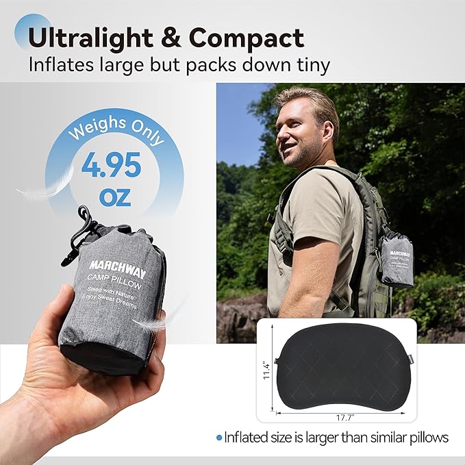 MARCHWAY Ultralight Inflatable Camping Pillow with Soft Washable Cover, Compact Compressible Portable Travel Air Pillow for Outdoor Camp, Sport, Hiking, Backpacking Sleep (Black)