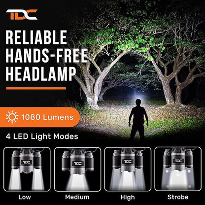 TDC Head Lamp Led Rechargeable Super Bright - USB-C Headlamp for Adults - Head Lights for Forehead - 1080 Lumen Head Flashlight - 10HR Battery for Hardhat, Camping, Hunting, Work