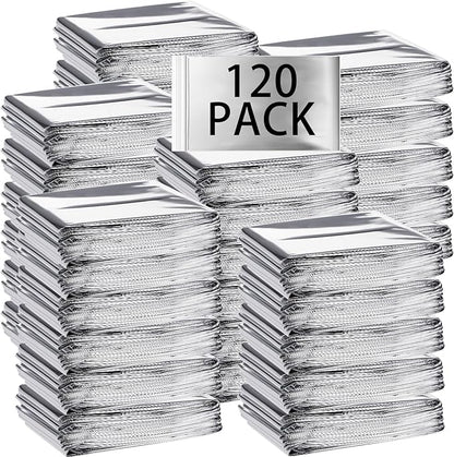 Macarrie 120 Pack Emergency Foil Thermal Blankets Silver Foil Survival Blanket Space Blanket Survival Kit for Outdoors, Camping, Hiking, Homeless, Survival or First Aid, Silver