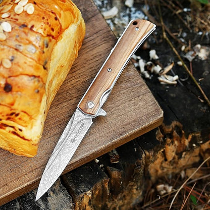 YOUSUNLONG Folding Knife Overall 215mm Camping Knife - Hammered Damascus Steel Blade - Natural Olive Wood Cover