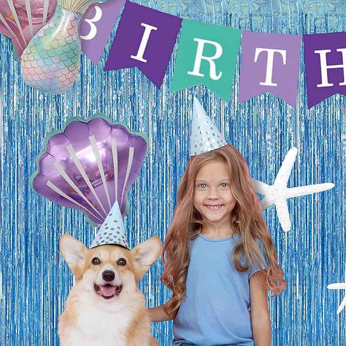 BRAVESHINE Light Blue Tinsel Foil Fringe Curtains - 2Pcs 3.2x8.2 ft Metallic Holiday Photo Booth Backdrop for Easter Birthdays Mermaid Frozen Sea Bachelorette Party Streamers Decorations