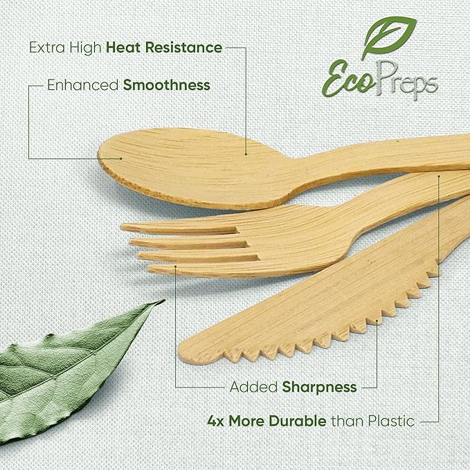 EcoPreps 100% Compostable Bamboo Cutlery Set Eco-Friendly, Biodegradable
