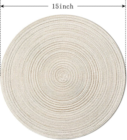 FunWheat Round Braided Placemats Set of 4 Place mats for Dining Tables Woven Heat Resistant Table Mats 15 inch (E Beige, 4pcs)