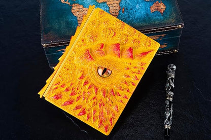 3D Dragon Eye Embossed Journal,Resin Engraving Notebook,Dnd notebook for Dragon Lovers ，Blank Paper,Hardcover Travel Notepad for Writing,Sketchbook,Collection,Gift,Decoration A4 and A5 Size (A5-Yellow)