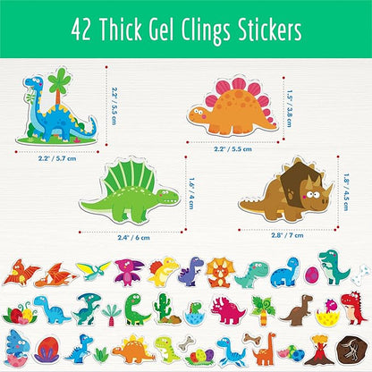 42PCS Dinosaur Jelly Stickers, Thick Window Door Clings Removable Reusable Gel Clings Decals for Kids Toddlers Adults Home Classroom Nursery Animal Theme Party Supplies (Not Edible)