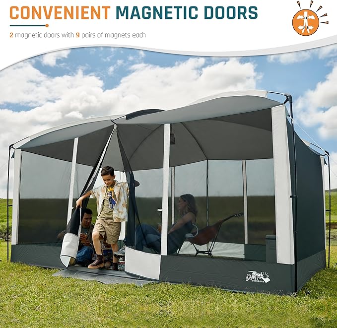 Screen House Tent 13x9ft Screen Room Mesh Gazebos w/ 2 Magnetic Doors, Included Projection Screen, Camping Tent Screened Canopy Shelter for Outdoor Patios Backyards Activities (Gray)
