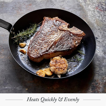 Merten & Storck Pre-Seasoned Carbon Steel 10” Frying Pan Skillet, Use on Induction, Stove and Grill, Durable, Even-Heating, for Searing, Grilling, Oven Use, and Campfire, Indoor/Outdoor