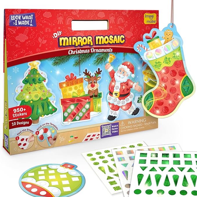 Imagimake Mirror Mosaic Christmas Kids Art Set | DIY Craft Kit | Foil Stickers for Kids | Birthday Gift for Girls and Boys Ages 3,4,5,6,7,8 | Christmas Toys for Girls Age 4,5,6,7,8
