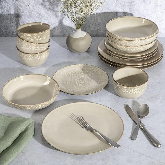 Gibson Elite Matisse 16-Piece Double Bowl Dinnerware Set – Service for 4, Taupe Stoneware Plates and Bowls