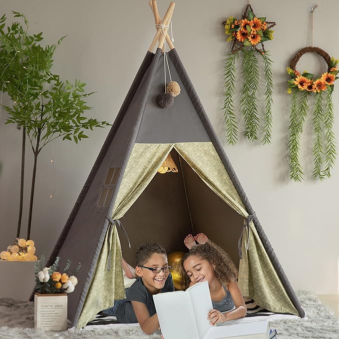 Teepee Tent for Kids Stripe Padded Mat Foldable Dark Tone Grey Play Tents for Girl and Boy with Carry Case Wooden Pole Printing Canvas Tepee Playhouse for Child Indoor Outdoor