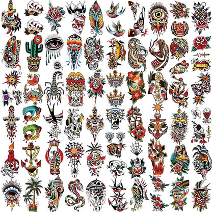 Yazhiji 77sheets Waterproof Temporary Tattoos，Old School Tattoo，Sailor Jerry Style Vintage Classical Fake Tattoo, American Traditional Flower Rose Arm Stickers for Women Men Adults Kids