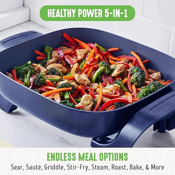GreenLife 12" 5QT Square Electric Skillet, Glass Vented Lid, Ceramic PFAS-Free