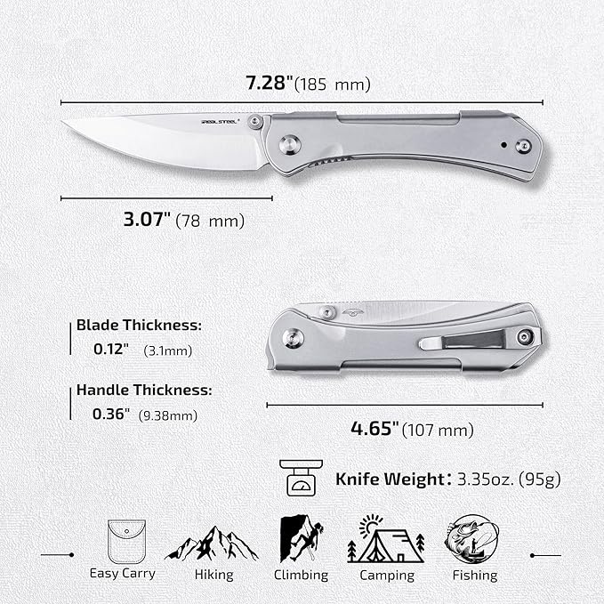 REALSTEEL SYLPH Folding Pocket Knife, Liner Lock, 3.07" Nitro-V Steel Satin Plain Blade, Thumb Stud, Double Bending Steel Handle, 3.35oz, Deep-carry Pocket Clip, EDC Outdoor Indoor, Gifts for Men Women Camping Hiking Climbing (Silver)