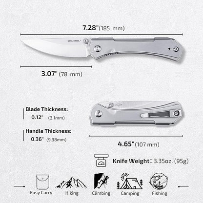 REALSTEEL SYLPH Folding Pocket Knife, Liner Lock, 3.07" Nitro-V Steel Satin Plain Blade, Thumb Stud, Double Bending Steel Handle, 3.35oz, Deep-carry Pocket Clip, EDC Outdoor Indoor, Gifts for Men Women Camping Hiking Climbing (Silver)
