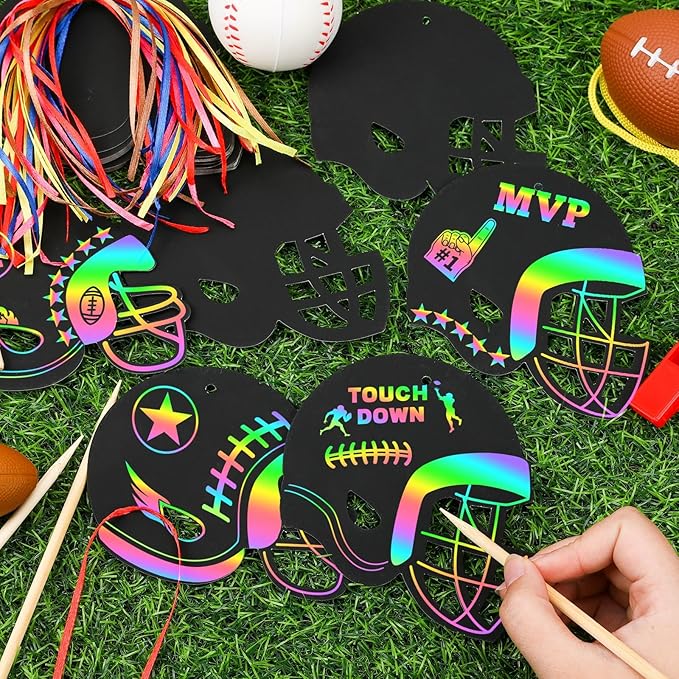 JULMELON 36 PCS Football Crafts for Kids, Rainbow Scratch Paper Art for Kids Football Party Favors Helmet Scratch Off Cards for Birthday Party Supplies School Activities