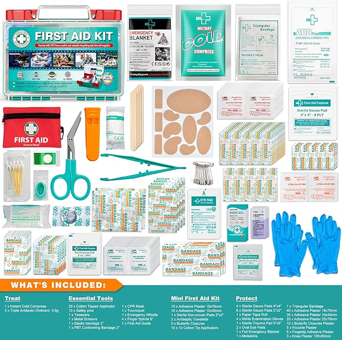 General Medi 295 Pieces Professional First Aid Kit - HardCase First Aid Box - Contains Premium Medical Supplies for Travel, Home, Office, Vehicle, Camping, Workplace & Outdoor