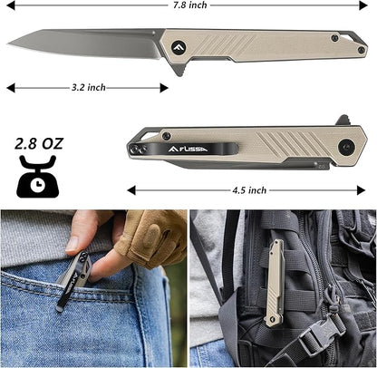 FLISSA Folding Knife, Pocket Knife with D2 Steel Blade, G10 Handle, Pocket Clip, Lightweight for Tactical, Camping, Hiking, Hunting, EDC, Daily Use, Outdoor Activities(Brown)