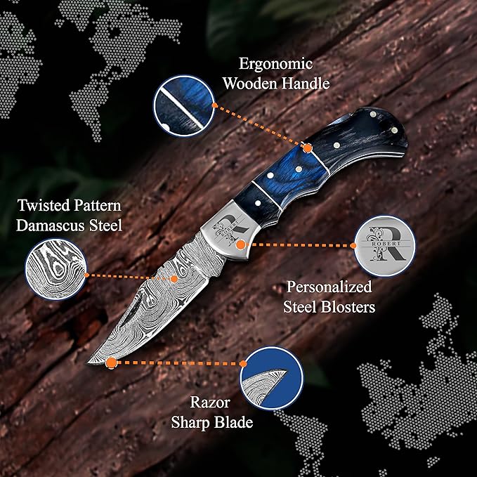Set of 6 - Personalized Damascus Pocket Knife for Groomsmen -With Leather Sheaths - Custom Engraved Pocket Knives | Groomsman Gifts for Wedding, Groomsmen Proposal Gifts