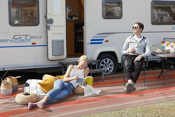 CGEAR RV Comfort Mat – Patented Sand-Free Technology with Ultra Soft Material – Sized to Your RV, Campsite, Beach House – Great Outdoor Patio Rug or Camping (Earthy Stripe, 4' x 5')