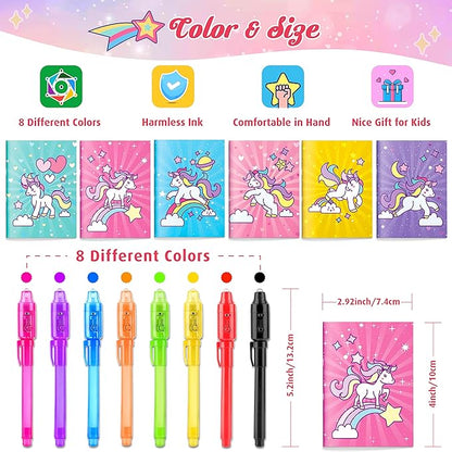 GIFTINBOX Unicorn Party Favors for Kids 4-8, 24Pack Invisible Ink Pen and Notebook, Invisible Ink Spy Pen with UV light for Kids, Classroom Prize Goodie Bag Stuffers Unicorn Toys for Kids Girls