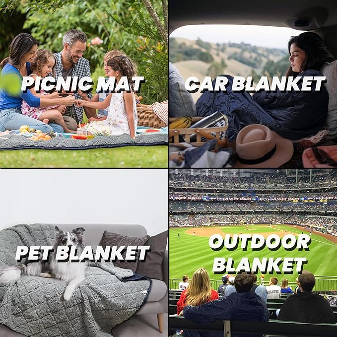 Waterproof Outdoor Blanket 82”X 55” Packable, Stadium Blankets for Camping with Sherpa Fleece Lining, Large Windproof Emergency Throw Mat for Garss Picnic Hiking Road Trip, Machine Washable, Navy