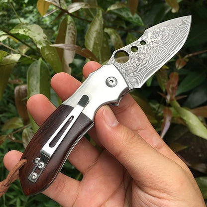 ALBATROSS Premium Damascus Steel Folding Pocket Knife with Liner Lock - EDC Knife with Sandalwood Handle - Perfect for Outdoor, Hunting, Survival & Gift Collection - HGDK007
