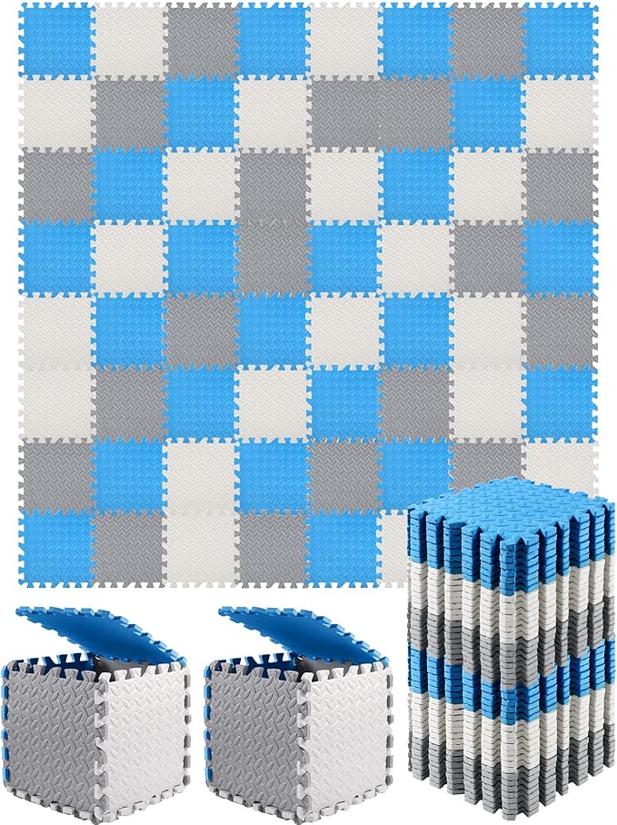 Shihanee Foam Floor Baby Tiles Foam Floor Mats Play Mats Bulk with Borders Interlocking for Kids Baby Playroom Nursery Gym (White, Gray, Blue,64ft)