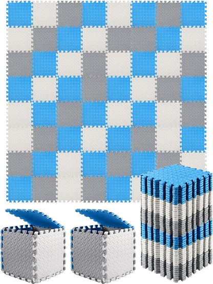 Shihanee Foam Floor Baby Tiles Foam Floor Mats Play Mats Bulk with Borders Interlocking for Kids Baby Playroom Nursery Gym (White, Gray, Blue,64ft)