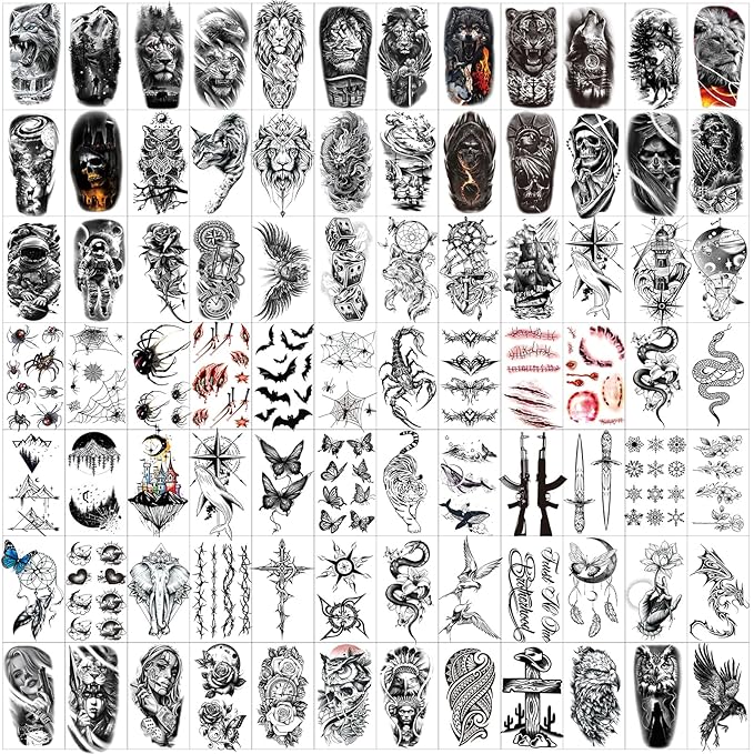 82 Sheets Halloween Temporary Tattoos, 3D Scary Lion Wolf Tiger Skull Skeleton Spider Fake Tattoos Stickers for Men Women Adults