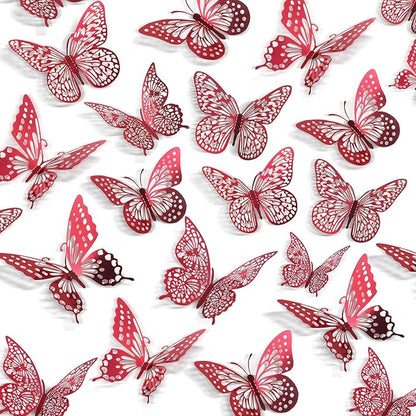 SAOROPEB 3D Butterfly Wall Decor - 48 Pcs, 4 Styles, 3 Sizes - Removable Stickers (Blood Red) for Birthday & Party Celebrations