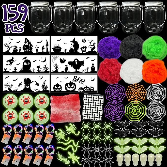 AIVEI 6 Pack Halloween Crafts for Kids Mason Jar with Accessories DIY Lantern Crafts Kits Halloween Activities Toys Bulk Art Supplies Gifts for Girls Boys Adults