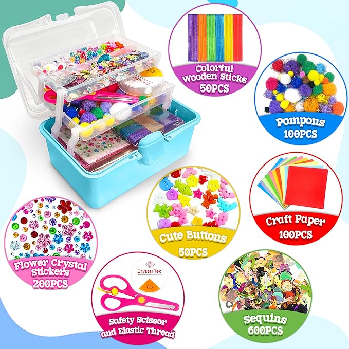 LINAYE 2500+PCS Arts and Crafts Supplies for Kids, DIY Craft Supplies Kit Box for Ages 6-8, Arts and Crafts Kit for Kids, Crafting Supply Set for Girls Boys Birthday Christmas Gifts, Blue