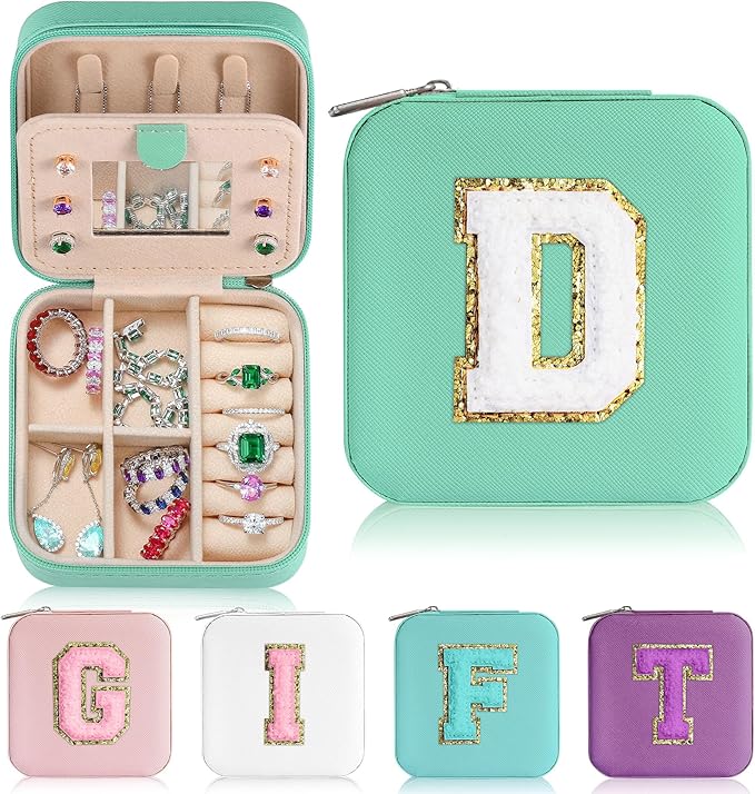 Parima Initial Jewelry Box for Women Girls, Blue Jewelry Travel Case | Chenille Letter Patches Jewelry Box | Multifunctional Personalized Travel Jewelry Case | Birthday Gifts - Letter D, Blue