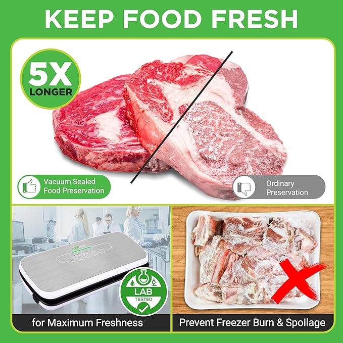 NutriChef Automatic Food Vacuum Sealer, Electric Air Sealing Preserver System for Dry and Moist Foods, LED Control, Strong Suction, Includes Bags, Wine Stopper Cork, and Air Suction Hose, 14”x6”x3”