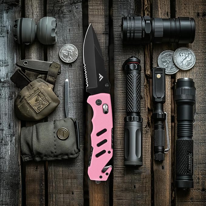 FLISSA Folding Pocket Knife with Clip, Glass Breaker and Seatbelt Cutter, Survival Knife for Emergency Rescue Situations, EDC Knife for Tactical, Hunting, Camping, Outdoor, Unique Gifts for Dad, Father-Pink