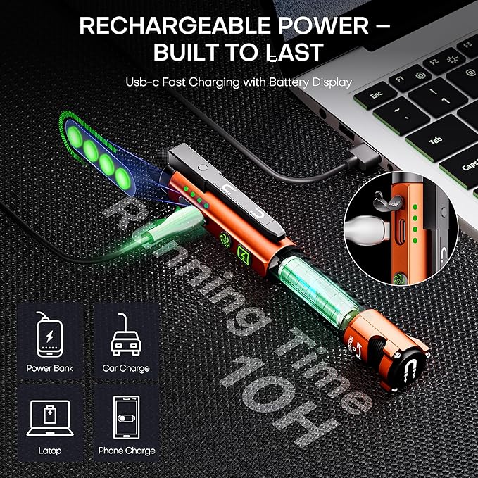 EDC Flashlight Rechargeable,800 Lumen Small Flashlight with Magnetic Clip & Base, 11 Modes LED Flashlight,Glass Breaker&Bottle Opener, USB-C Flashlight for Working,Home and Emergency