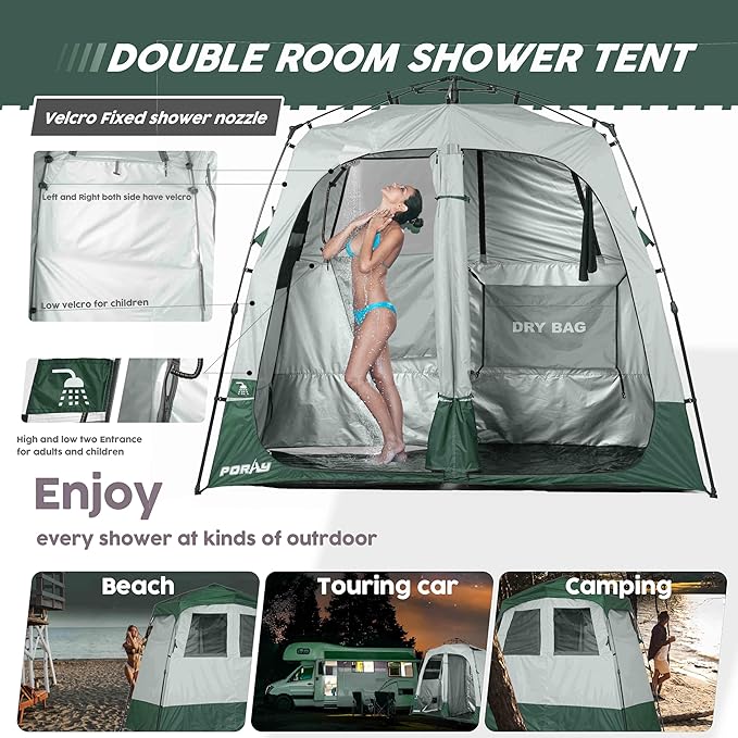 Camping Shower Tent Deluxe Changing Room Easy Set Up Privacy Shelter,Large Toilet Tent with Floor Drain Design for Beach, Camping,Hiking with Stakes and Ropes for Stability