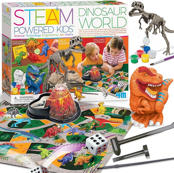4M - STEAM Dinosaur World - Dig & Assemble Jurassic World Dinosaur Toys Volcano, Build Prehistoric Diorama, Includes Fossil Excavation Tools & Toy Dinosaurs - STEM Learning Kit for Kids Ages 5+