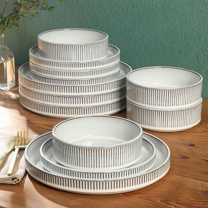 Gibson Elite 12 Piece (Service for 4) Townscape Plates and Bowls Reactive Glaze Embossed Round Dishes Terracotta Ceramic Dinnerware Set - Cream White