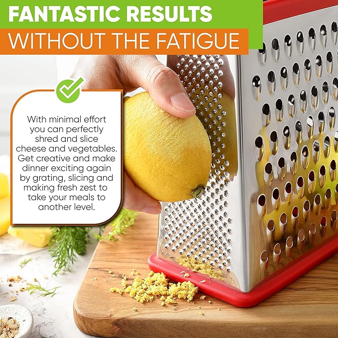 Spring Chef Professional Cheese Grater - Stainless Steel 4 Sided Box Grater for Kitchen, XL Size - Perfect Shredder for Parmesan Cheese, Carrot, Potato, Ginger - Dishwasher Safe - Red