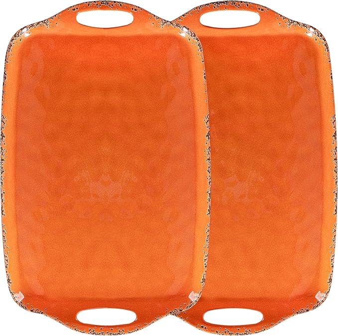 Melamine Serving Tray with Handles, 19“ x 12" Vintage Large Rectangular Melamine Serving Platter for Serving Food, Serving Tray Set of 2, Dishwasher Safe, Orange