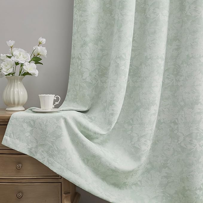 Beauoop Green Floral Jacquard Blackout Curtains 84 Inches Long 2 Panels