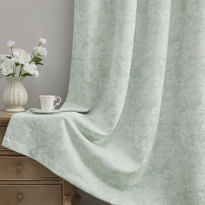 Beauoop Green Floral Jacquard Blackout Curtains 84 Inches Long 2 Panels
